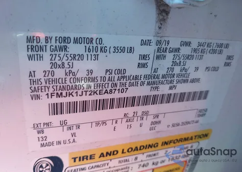 2019 Ford Expedition Max Xlt from USA, damaged, VIN 1FMJK1JT2KEA87107